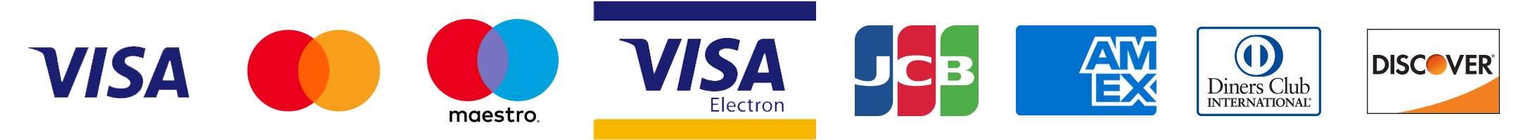 Visa, Mastercard, Maestro, JCB, American Express, Diners Club and Discover accepted payment logos